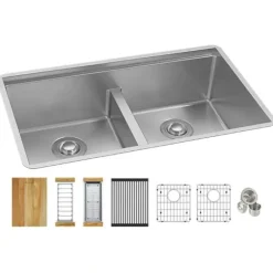 Elkay EFRUAQ31169TWC Crosstown® 16 Gauge Workstation Stainless Steel 31-1/2& x 18-1/2& x 9& Equal Double Bowl Sink Kit with Aqua Divide - One-stop shop for professional tools and equipment.