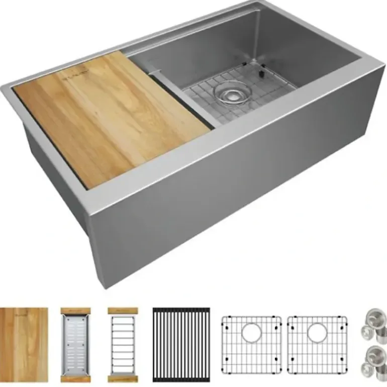 Elkay EFRUFFA33179RW Crosstown® 16 Gauge Workstation Stainless Steel 34-7/8& x 20-1/4& x 9-7/16& Equal Double Bowl Farmhouse Sink Kit with Aqua Divide - One-stop shop for professional tools and equipment.