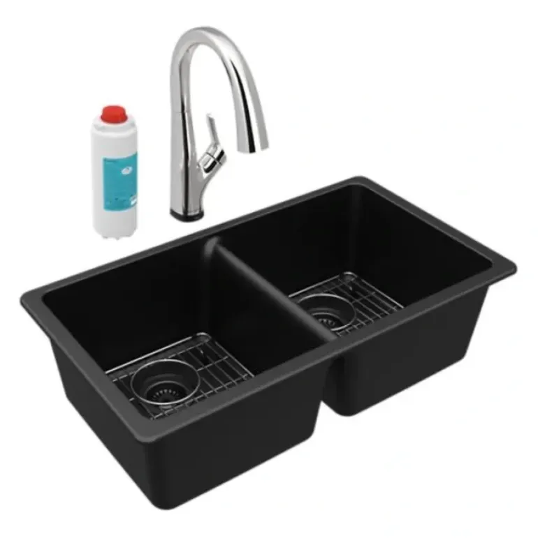 Elkay ELGU3322FLC Quartz Classic® 33& x 18-1/2& x 9-1/2& Equal Double Bowl Undermount Sink Kit with Filtered Faucet - One-stop shop for professional tools and equipment.
