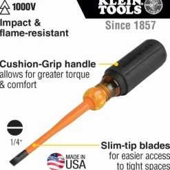 Klein Tools 6924INS Slim-Tip Insulated Screwdriver, 1/4-Inch Cabinet, 4-Inch Round Shank - One-stop shop for professional tools and equipment.
